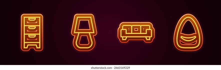 Set line Chest of drawers, Table lamp, Sofa and Pouf. Glowing neon icon. Vector