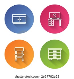 Set line Chest of drawers, TV table stand, Chair and Furniture nightstand. Color circle button. Vector