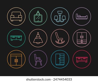 Set line Cajonera, Armario, Lámpara de Araña, Sillón, Espejo icono. Vector