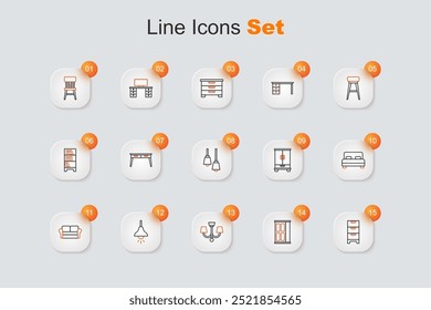 Set-Linie Kommode, Kleiderschrank, Kronleuchter, Lampe hängen, Sofa, großes Bett und Bibliothek Bücherregal-Symbol. Vektorgrafik