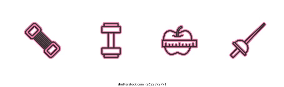 Set line Chest expander, Apple measuring tape, Dumbbell and Fencing icon. Vector