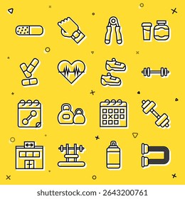 Set line Chest expander, Dumbbell, Barbell, Sport, Heart rate, Vitamin pill,  and sneakers icon. Vector