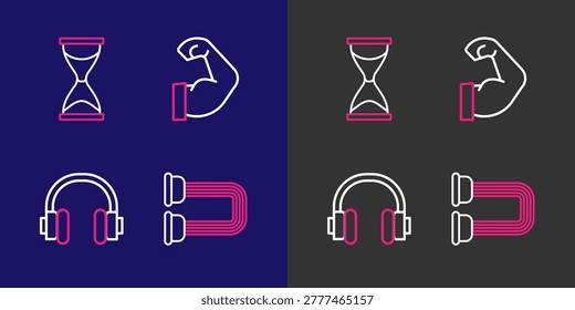 Set line Chest expander, Headphones, Bodybuilder muscle and Old hourglass icon. Vector