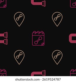 Set line Chest expander, Location gym and Calendar fitness on seamless pattern. Vector