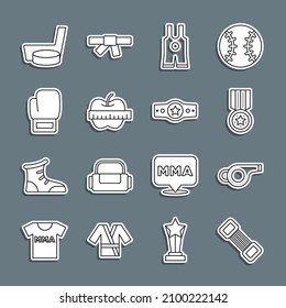 Set line Chest expander, Whistle, Medal, Wrestling singlet, Apple measuring tape, Boxing glove, Ice hockey stick puck and belt icon. Vector