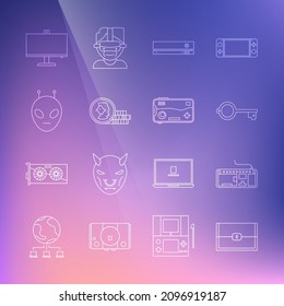 Set line Chest for game, Computer keyboard, Ancient, Video console, Coin, Alien, monitor and Mobile and playing icon. Vector