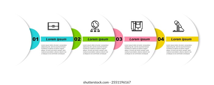 Set line Chest for game, Computer network, Cartridge and Microphone. Business infographic template. Vector