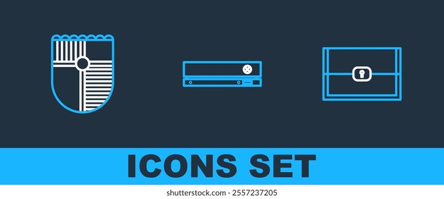 Set line Chest for game, Shield and Video console icon. Vector