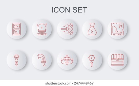 Set line Chest, Magic wand, arrow, Medieval chained mace ball, Card game collection, Sword for and Christian cross icon. Vector