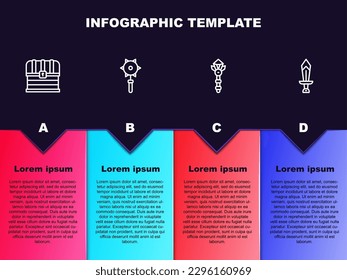 Set line Chest, Medieval chained mace ball, Magic wand and Sword for game. Business infographic template. Vector