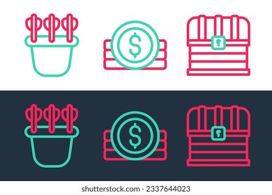 Set line Chest, Quiver with arrows and Ancient coin icon. Vector
