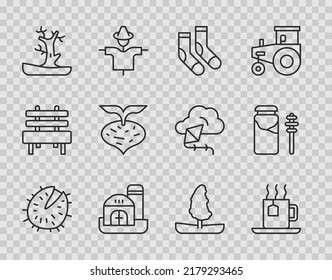 Fijar la línea Castaño, Taza de té con bolso de té, Calcetines, Granja, Árbol desnudo, remolacha, miel de árbol y jarra e ícono de palo de cuentagotas. Vector