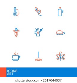 Set line Chestnut leaf, Garden rake, Coffee cup, Hedgehog, Corn, Bare tree, Thermos container and Leaf icon. Vector