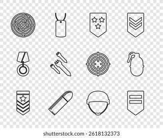 Set line Chevron, Bullet, Radar with targets, Rocket, Military helmet and Hand grenade icon. Vector