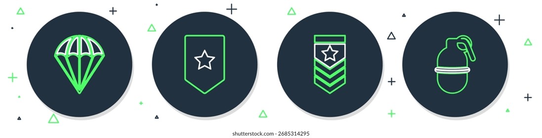 Definir linha Chevron, paraquedas e ícone de granada de mão. Vetor