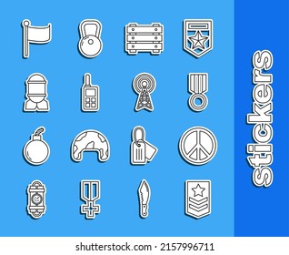 Set Line Chevron, Peace, Military Reward Medal, Ammunition Box, Walkie Talkie, Aviation Bomb, Flag And Radar Icon. Vector