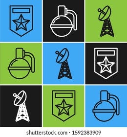 Set line Chevron , Radar  and Hand grenade  icon. Vector