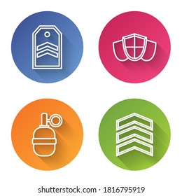 Set line Chevron, Shield, Hand grenade and Military rank. Color circle button. Vector