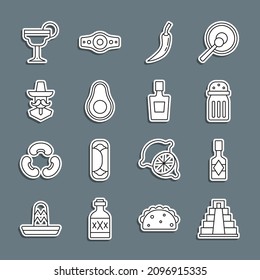 Set Line Chichen Itza In Mayan, Tabasco Sauce, Salt, Hot Chili Pepper Pod, Avocado Fruit, Mexican Man Sombrero, Margarita Cocktail And Tequila Bottle Icon. Vector