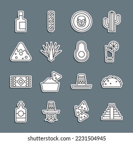 Set line Chichen Itza in Mayan, Taco with tortilla, Tequila glass lemon, Mexican skull coin, Agave, Nachos, bottle and Avocado fruit icon. Vector