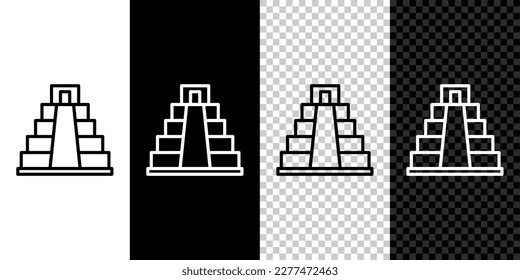 Set line Chichen Itza in Mayan icon isolated on black and white, transparent background. Ancient Mayan pyramid. Famous monument of Mexico.  Vector