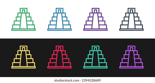 Set line Chichen Itza in Mayan icon isolated on black and white background. Ancient Mayan pyramid. Famous monument of Mexico.  Vector