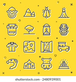 Set line Chichen Itza in Mayan, Safari car, Mexican mayan or aztec mask, Mosquito, African tree, Hiking backpack, Monkey and Camping lantern icon. Vector