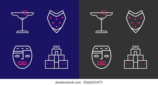 Set line Chichen Itza in Mayan, Aztec mask, Poncho and Margarita cocktail icon. Vector