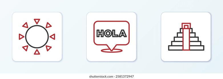 Set line Chichen Itza in Mayan, Sun and Hola icon. Vector