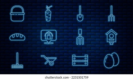 Set line Chicken egg, Bird house, Shovel, Location farm, Bread loaf, Basket, Garden rake and Carrot icon. Vector