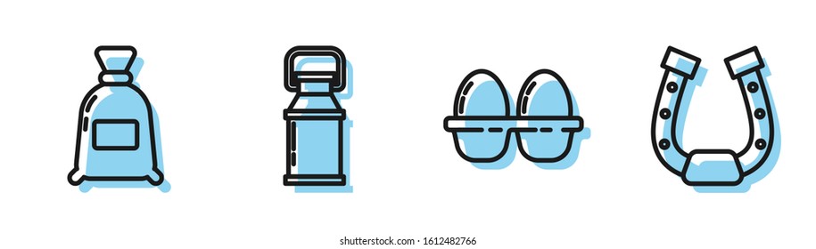 Set line Chicken egg in box, Bag of flour, Can container for milk and Horseshoe icon. Vector