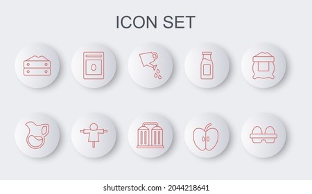 Set line Chicken egg in box, Jug glass with milk, Watering can, Apple, Bag of flour, Pack full seeds plant, Scarecrow and Granary icon. Vector