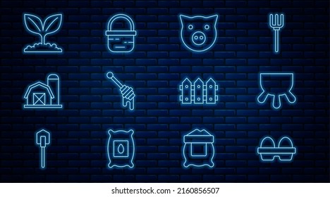 Set line Chicken egg in box, Udder, Pig, Honey dipper stick, Farm house, Plant, Garden fence wooden and Basket icon. Vector