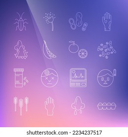 Set line Chicken egg in box, Fatigue, Medicine pill or tablet, Peanut, Kidney beans, Runny nose, Cockroach and Orange fruit icon. Vector