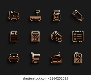 Fijar la línea Huevo de pollo en caja, Carro de compras, Camión de mano y cajas, lata de estaño con caviar, Botella de aceite de oliva, Calculadora, lista e ícono de carne de bistec. Vector