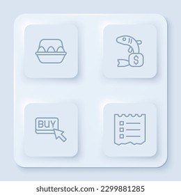 Set line Chicken egg in box, Price tag for fish, Buy button and Shopping list. White square button. Vector