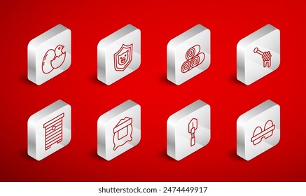 Set line Chicken egg in box, Shield with pig, Roll of hay, Honey dipper stick, Shovel, Little chick cracked, Bag flour and Hive for bees icon. Vector
