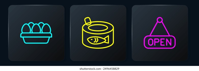Set line Huevo de pollo en caja, cartel colgante con pescado abierto y enlatado. Botón cuadrado negro. Vector