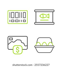 Set line Chicken egg in box, Credit card, Canned fish and Barcode icon. Vector