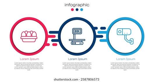 Set line Chicken egg in box, Electronic scales and Security camera. Business infographic template. Vector