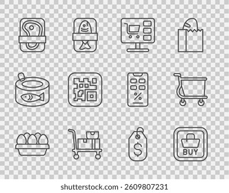 Set line Chicken egg in box, Buy button, Shopping cart computer, Hand truck and boxes, Meat packaging steak, QR code, Price tag with dollar and  icon. Vector