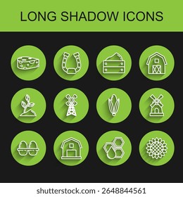 Set line Chicken egg in box, Farm House concept, Cheese, Honeycomb, Sunflower, Windmill,  and Corn icon. Vector
