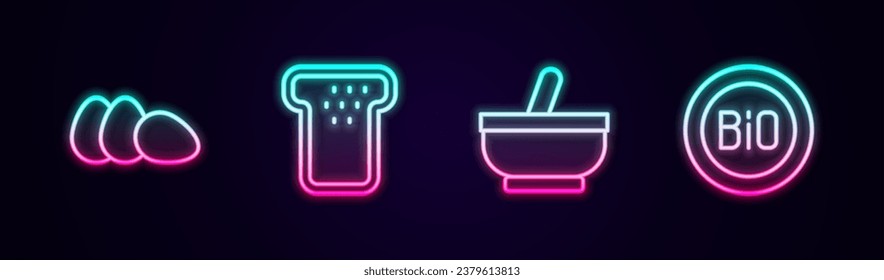 Set line Chicken egg, Bread toast, Mortar and pestle and Banner for bio. Glowing neon icon. Vector