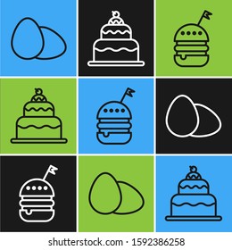 Set line Chicken egg , Burger  and Cake  icon. Vector