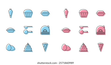 Set line Chicken egg, Cake, Pastry bag for decorate cakes, Slice of pizza, Measuring spoon, Brick stove, Homemade pie and Muffin icon. Vector