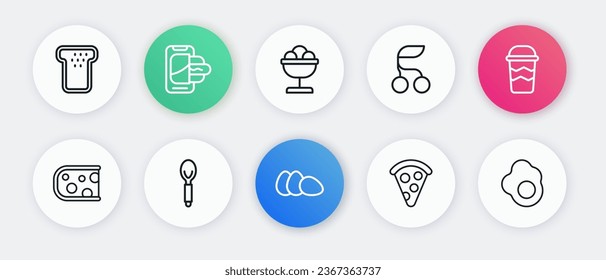 Set line Chicken egg, Coffee cup to go, Cheese, Slice pizza, Fresh berries, Ice cream in the bowl, Scrambled and Spoon icon. Vector