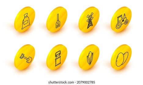 Set line Chicken egg, Corn, Can container for milk, Shovel, Tractor, Windmill, Garden rake and Bag of flour icon. Vector