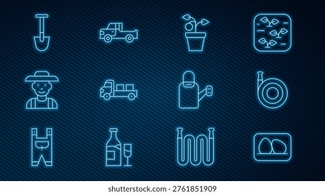 Set line Chicken egg, Garden hose, Plant in pot, Pickup truck, Farmer the hat, Shovel, Watering can and  icon. Vector