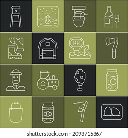 Set line Chicken egg, Jam jar, Wooden axe, Well with bucket, Farm house, Waterproof rubber boot, tower and Soil ph testing icon. Vector