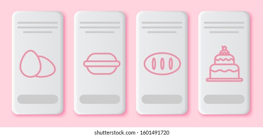 Set line Chicken egg , Macaron cookie , Bread loaf  and Cake . White rectangle button. Vector